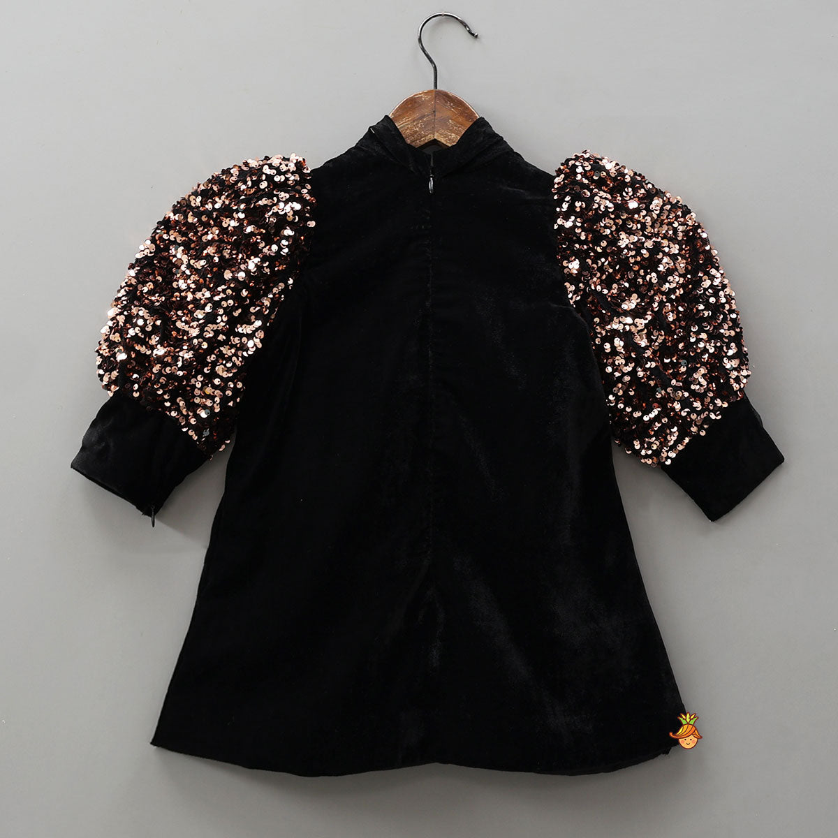 Bow Adorned Sequin Embellished Black Velvet Dress