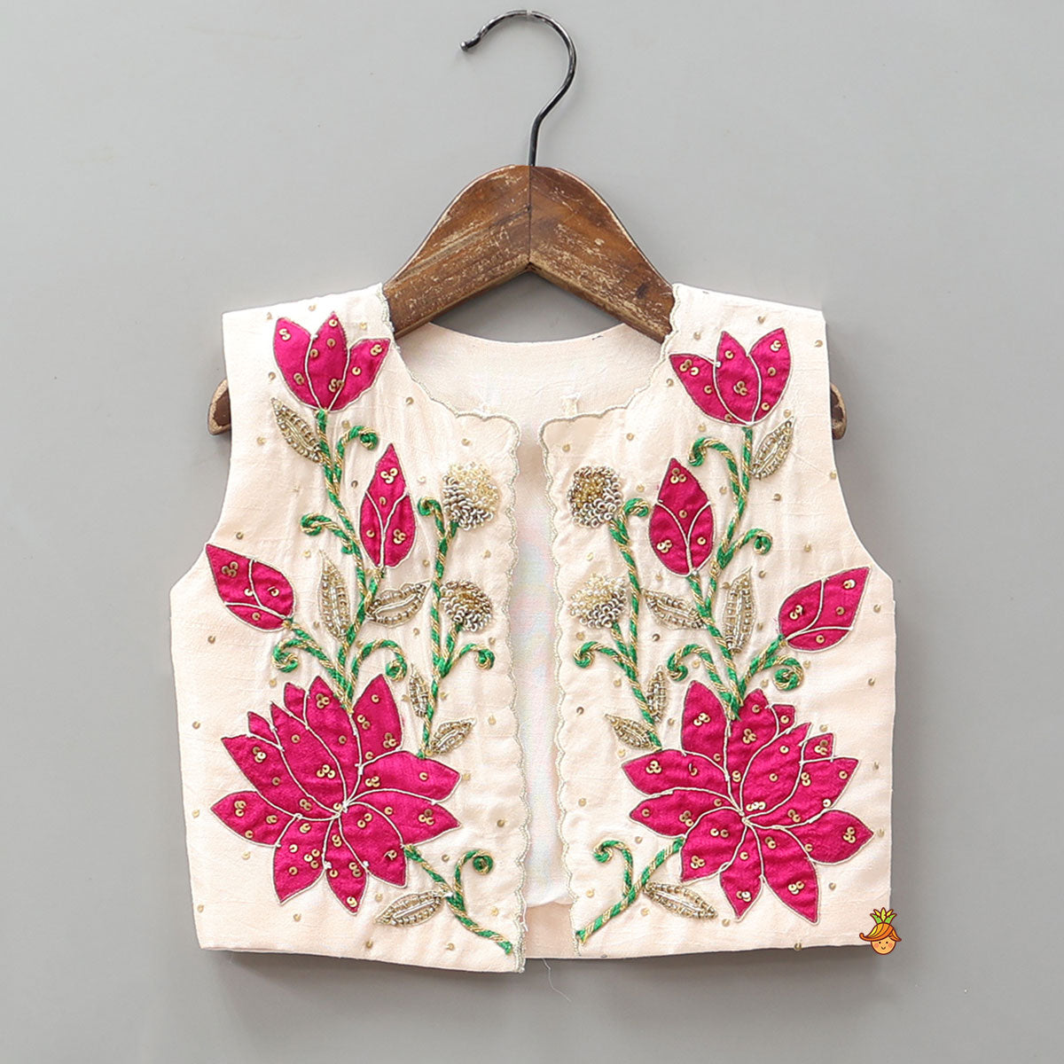 Sleeveless Top With Embroidered Jacket And Booti Work Lehenga