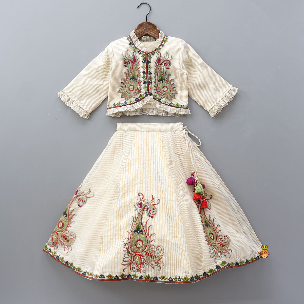 Thread Embroidered Frills Enhanced Top And Lehenga