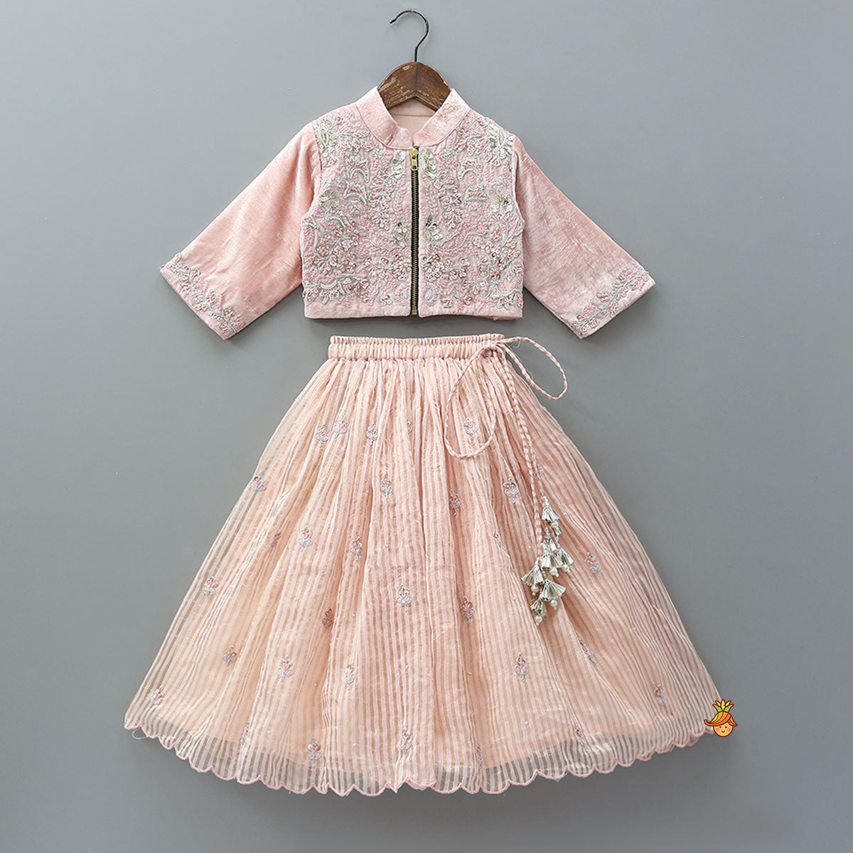 Thread Embroidered Velvet Top And Lehenga