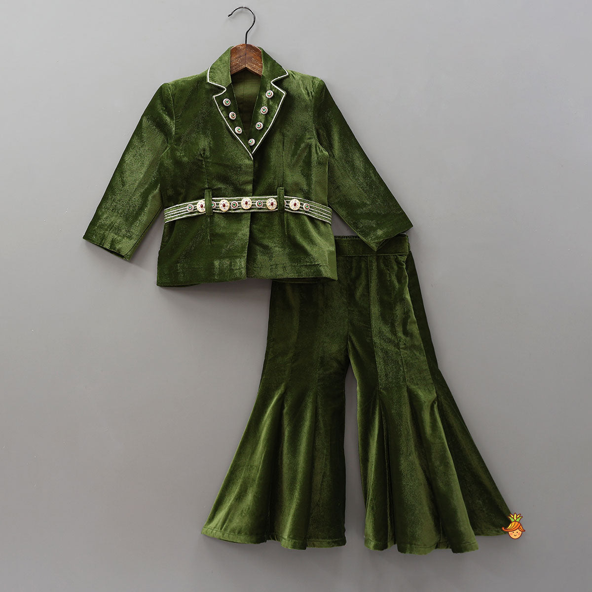 Embellished Velvet Jacket Top With Flared Pants And Embroidered Belt