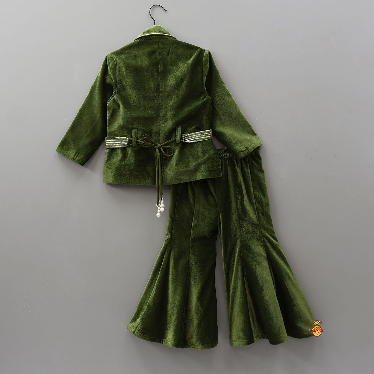 Embellished Velvet Jacket Top With Flared Pants And Embroidered Belt