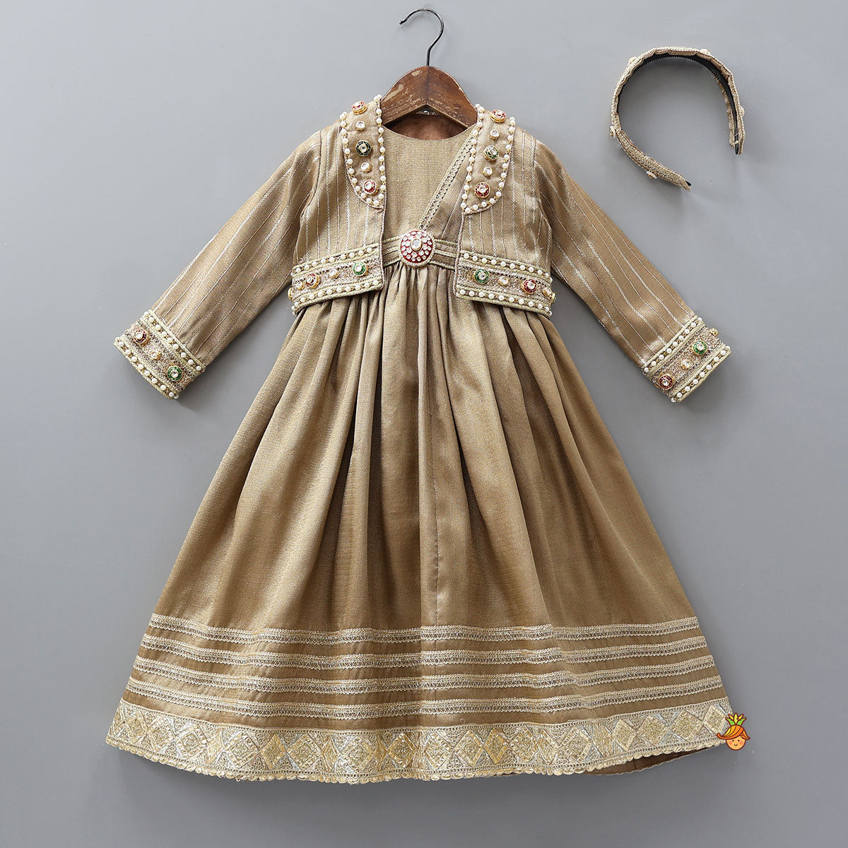 Stunning Pleated Cape Anarkali With Jacket And Matching Hairband