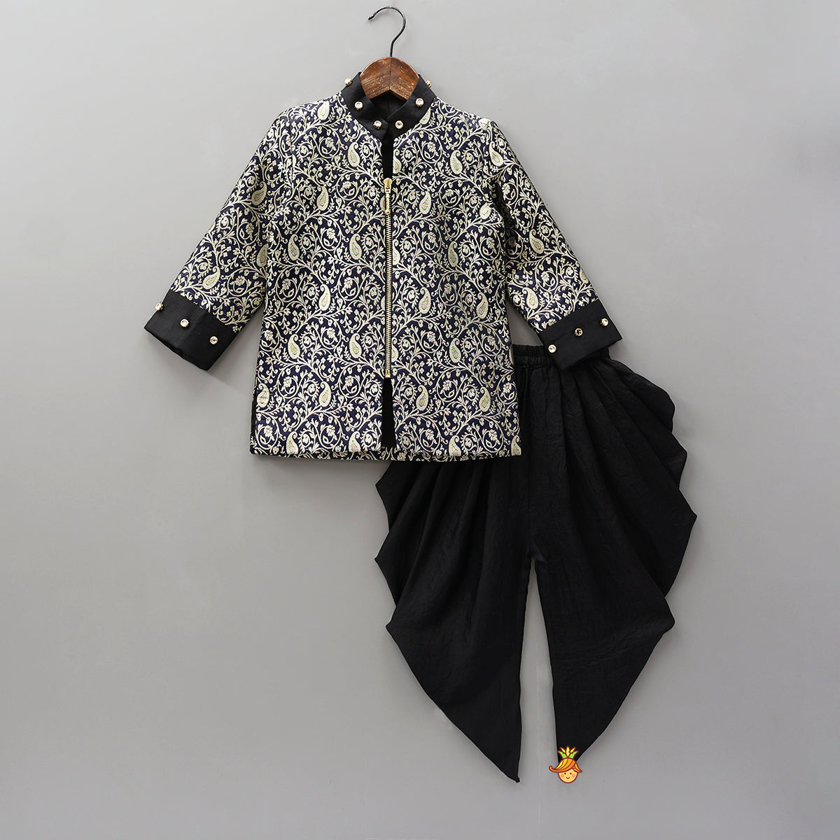 Brocade Jacket Style Top And Dhoti With Matching Potli Bag