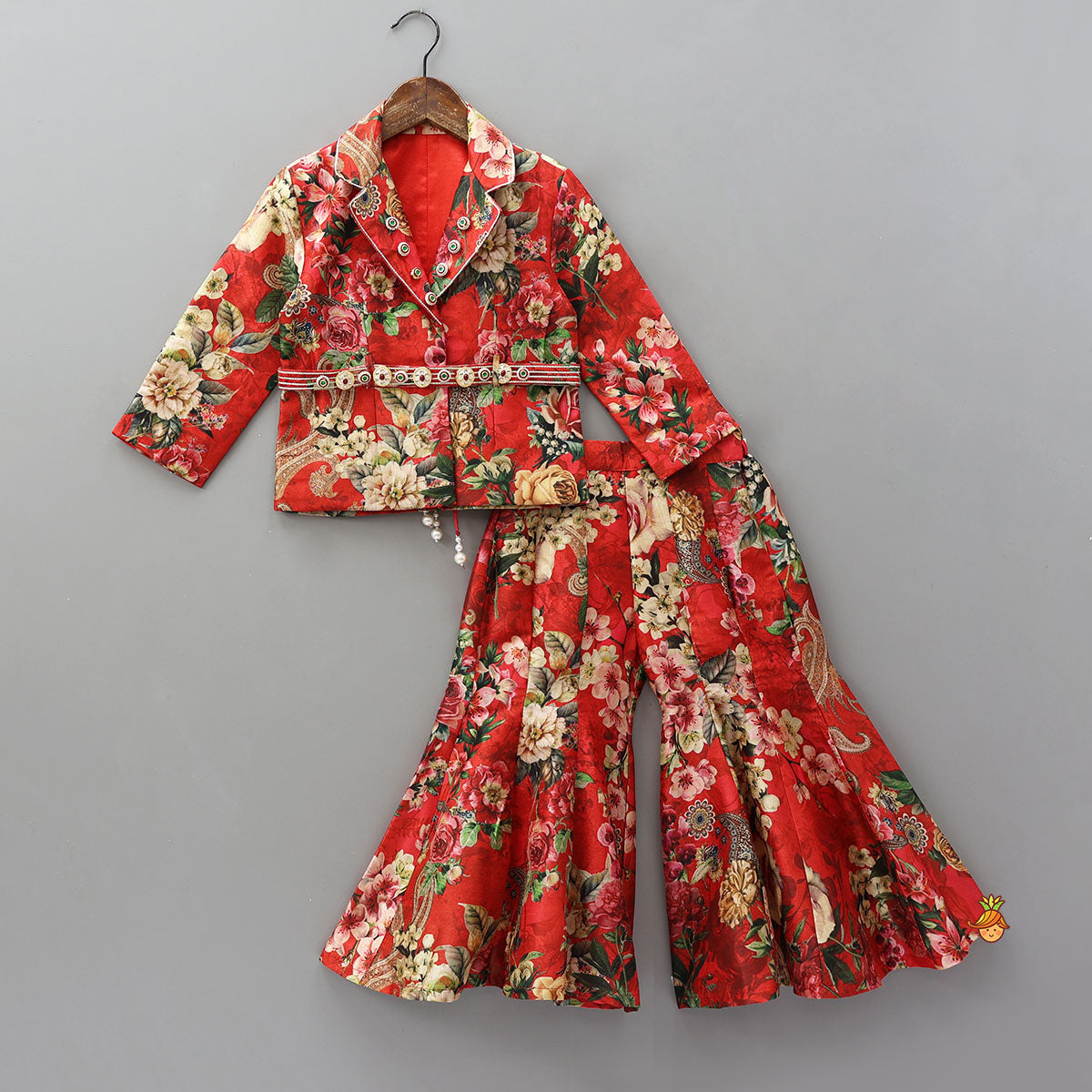 Exquisite Floral Printed Jacket Style Top With Flared Pants And Embroidered Belt