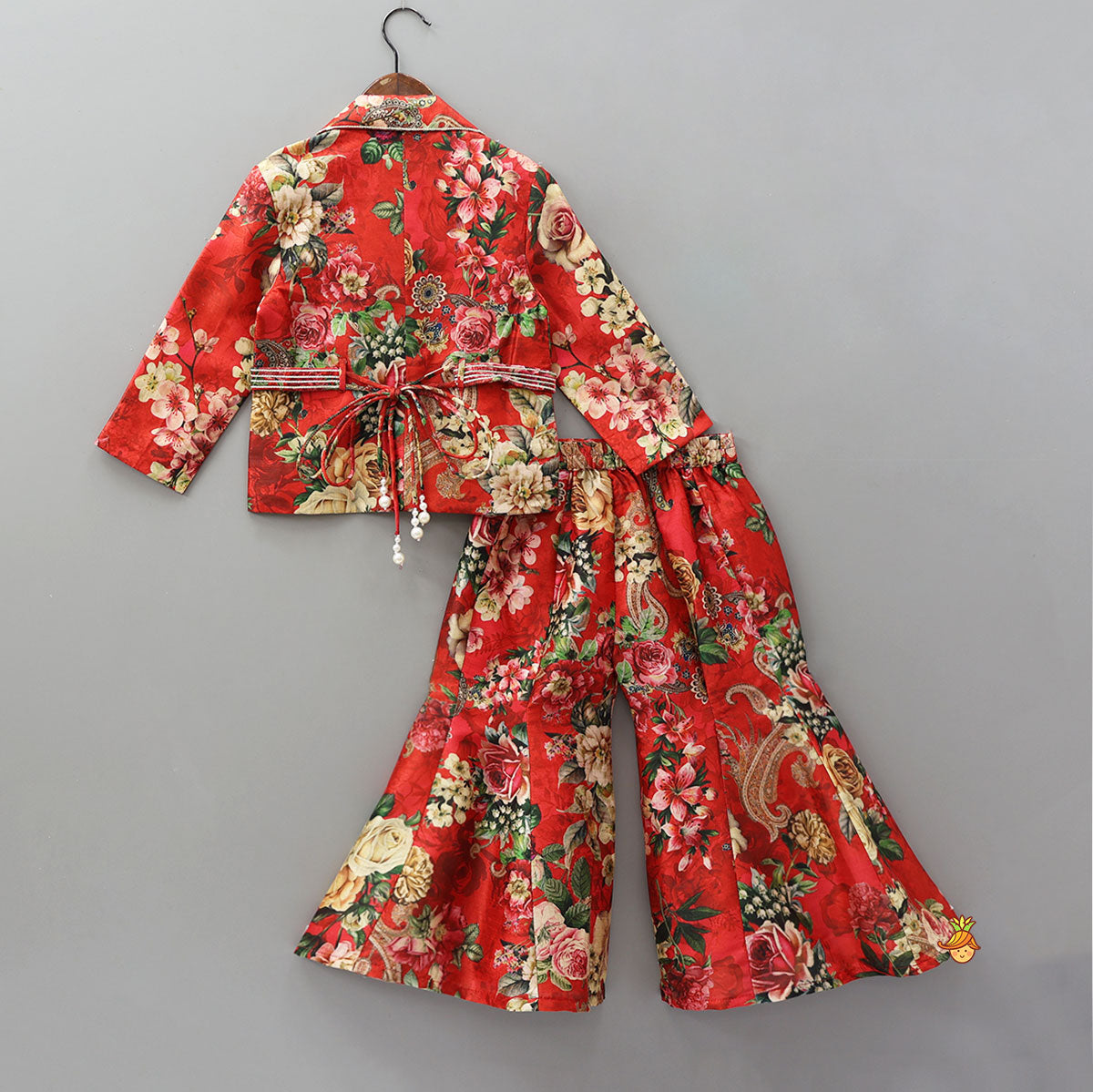 Exquisite Floral Printed Jacket Style Top With Flared Pants And Embroidered Belt