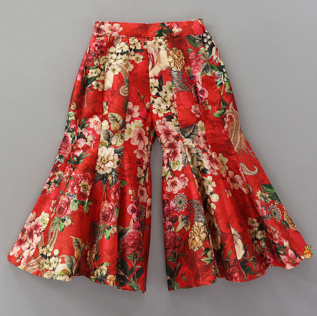 Exquisite Floral Printed Jacket Style Top With Flared Pants And Embroidered Belt