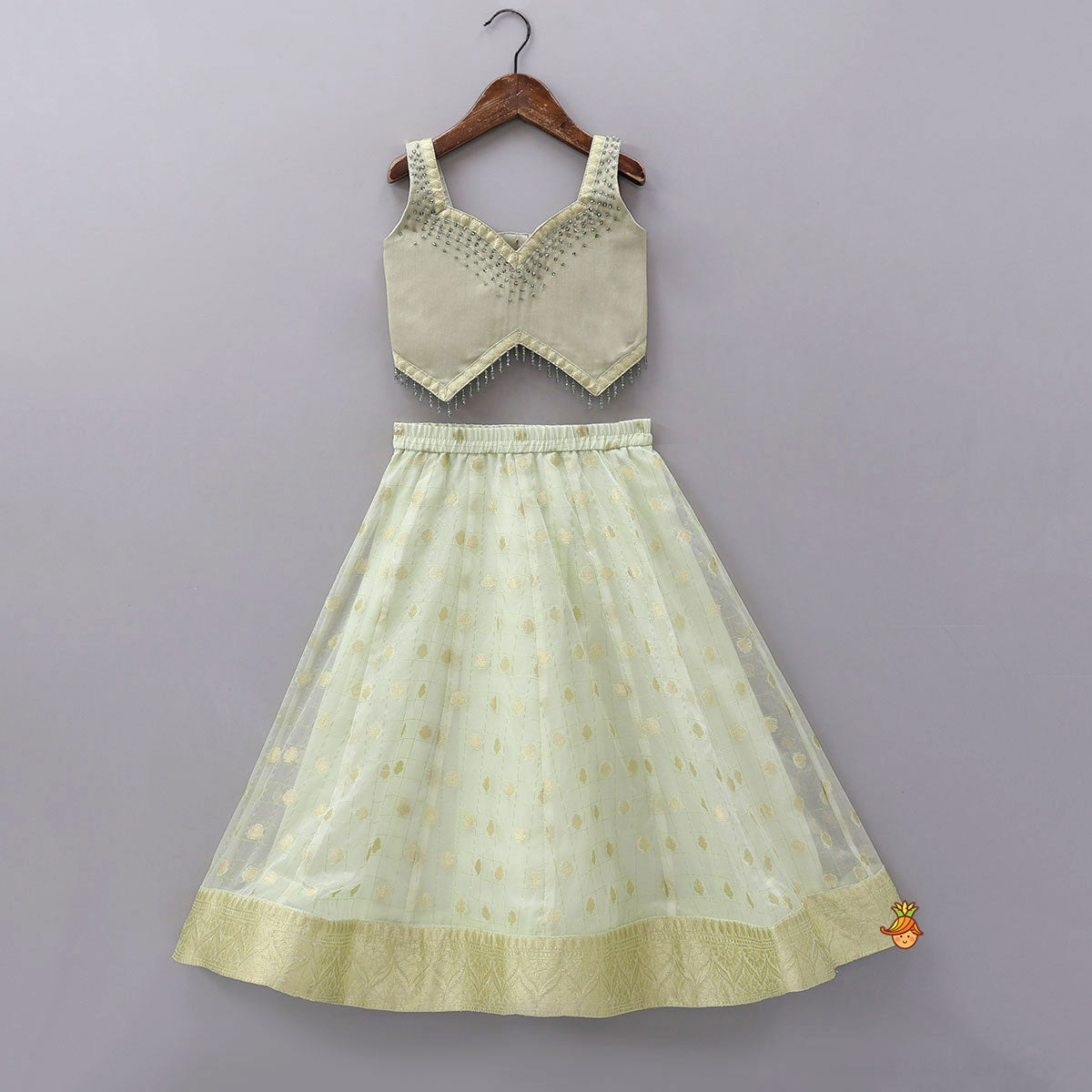Stylish Hem Top With Checks Work Organza Lehenga