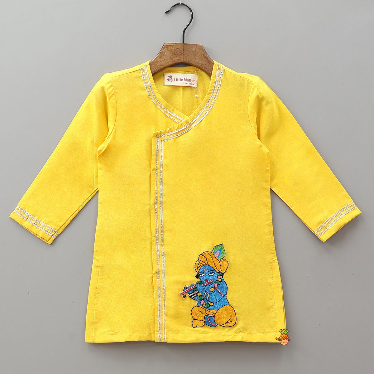 Krishna Applique Work Kurta And Dhoti With Matching Cap And Booties