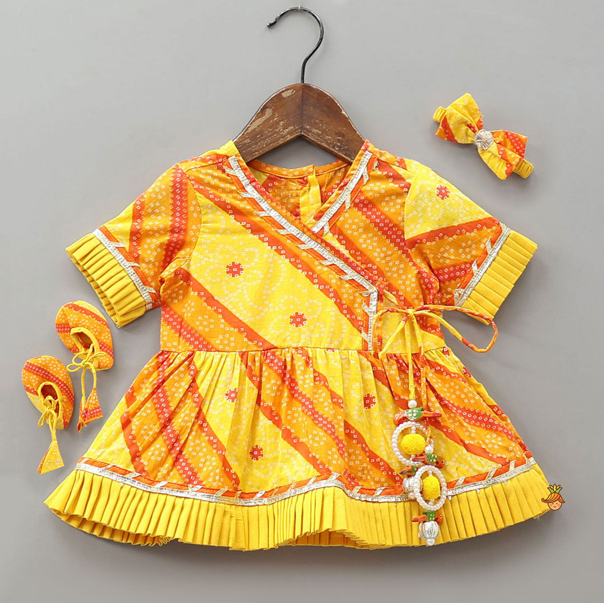 Bandhani Printed Angarkha-Style Kurti With Headband And Booties