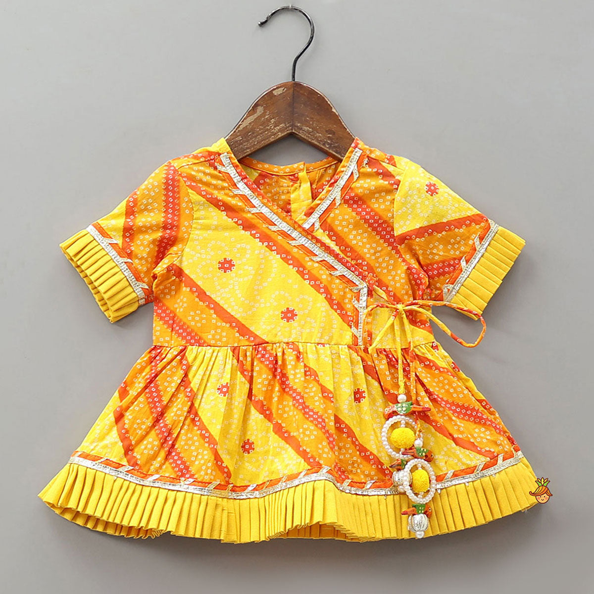 Bandhani Printed Angarkha-Style Kurti With Headband And Booties