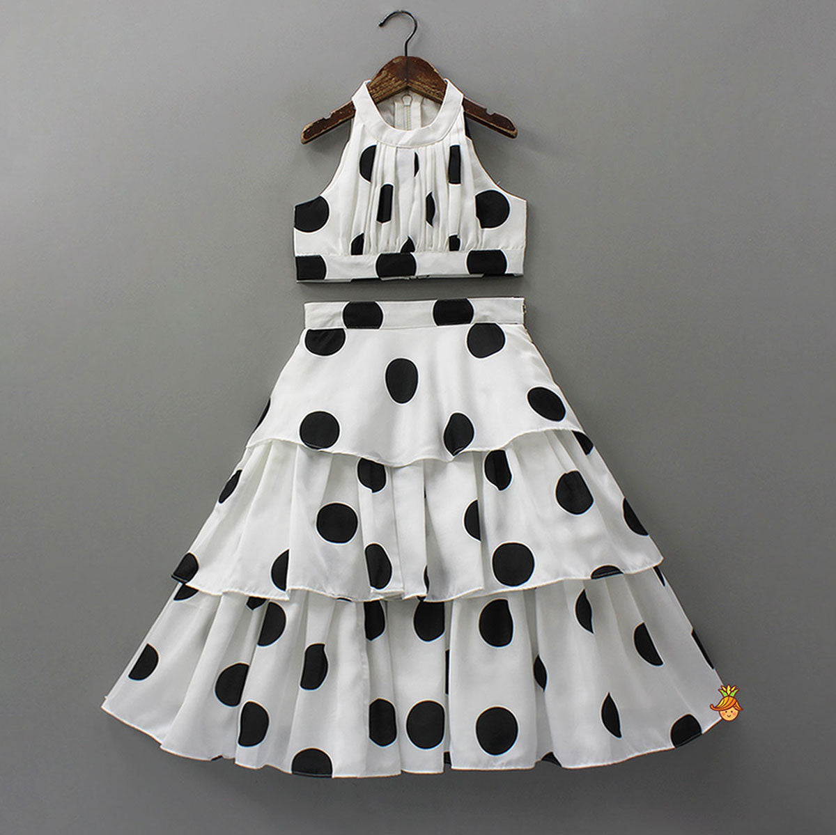 Stunning Halter Neck Polka Dot Printed Top With Matching Layered Skirt Style Lehenga
