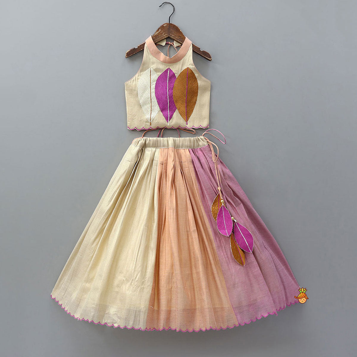 Scalloped Hem Shimmery Top And Panel Lehenga