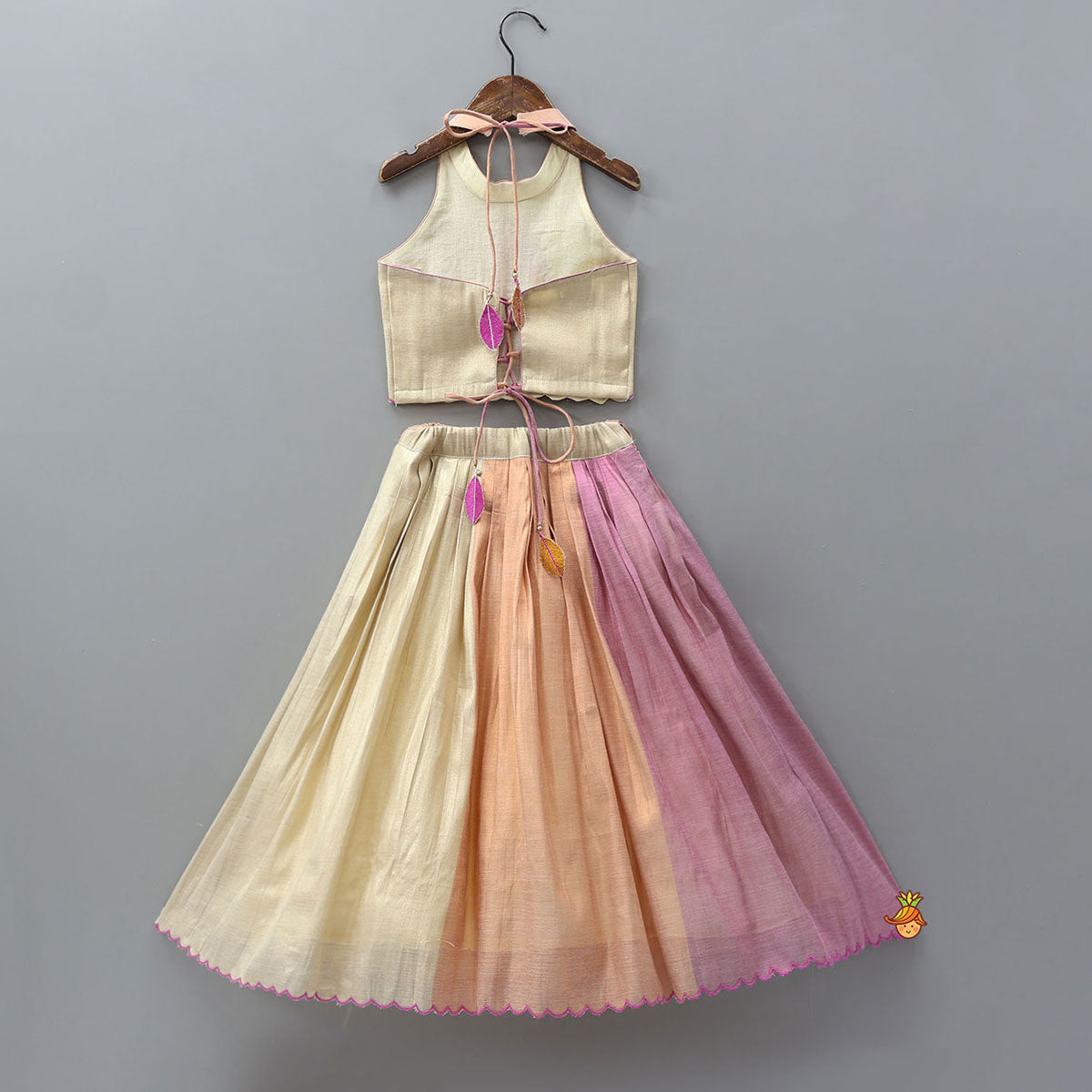 Scalloped Hem Shimmery Top And Panel Lehenga