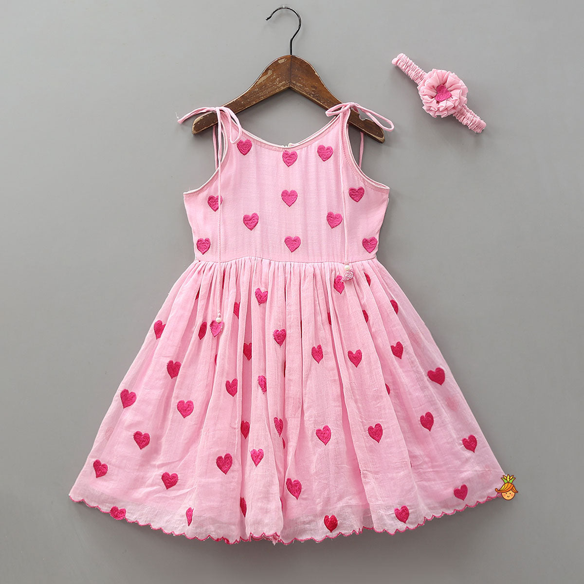 Cute Hearts Embroidered Tie Up Dress With Matching Headband