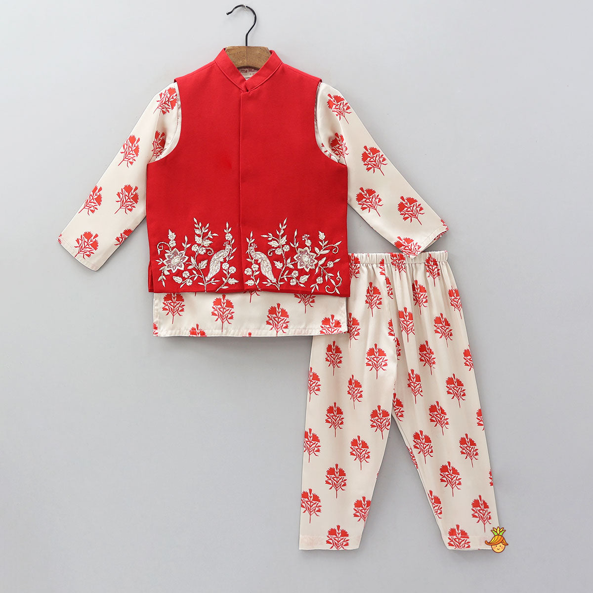 Printed Kurta With Embroidered Jacket And Matching Pyjama