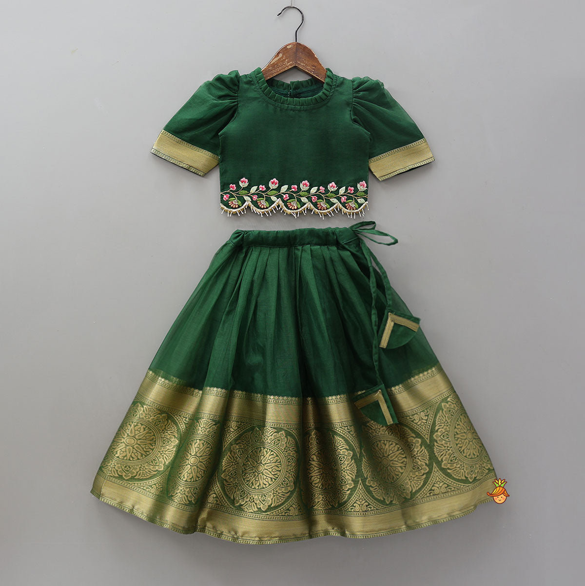 Floral-Embroidered Hem Top And Pleated Lehenga