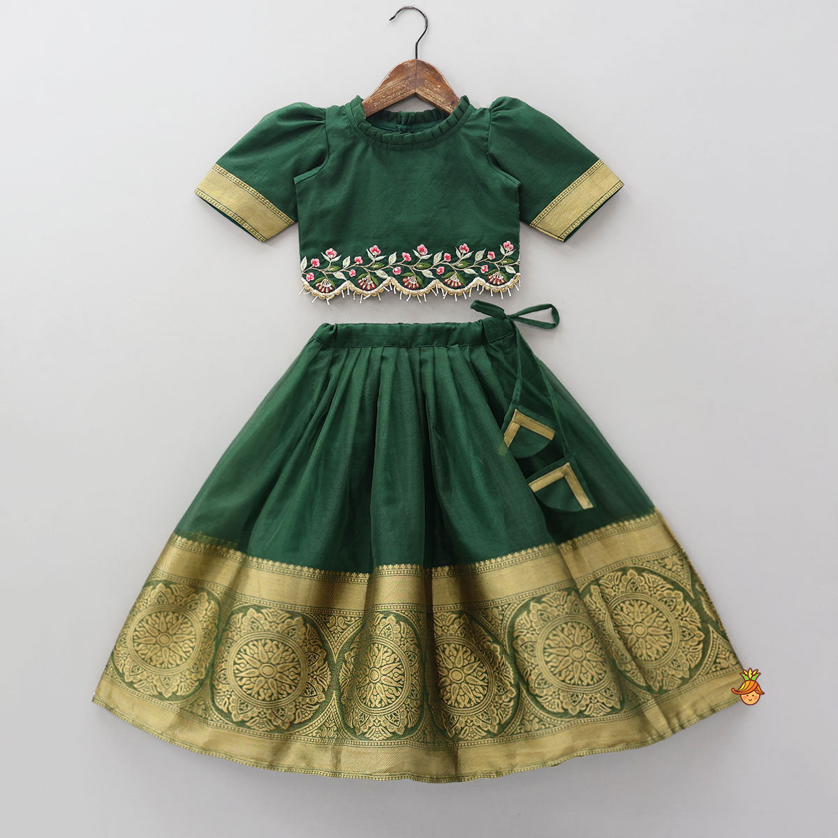 Floral Embroidered Scalloped Hem Top And Pleated Lehenga