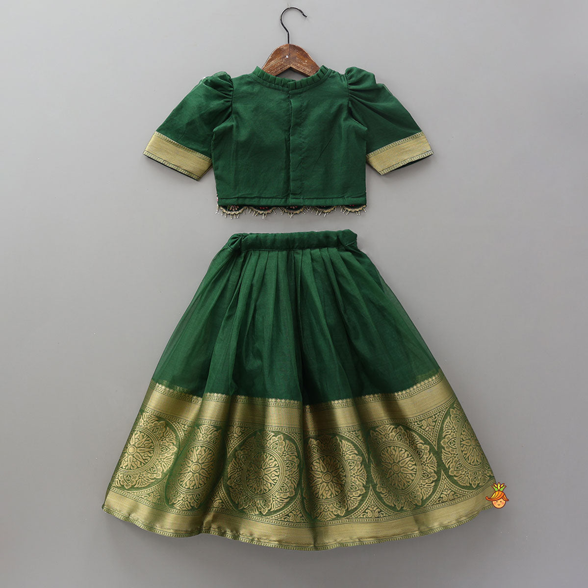 Floral-Embroidered Hem Top And Pleated Lehenga