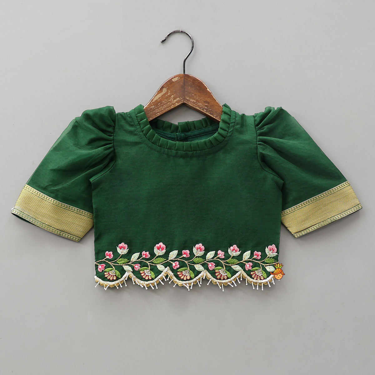 Floral-Embroidered Hem Top And Pleated Lehenga