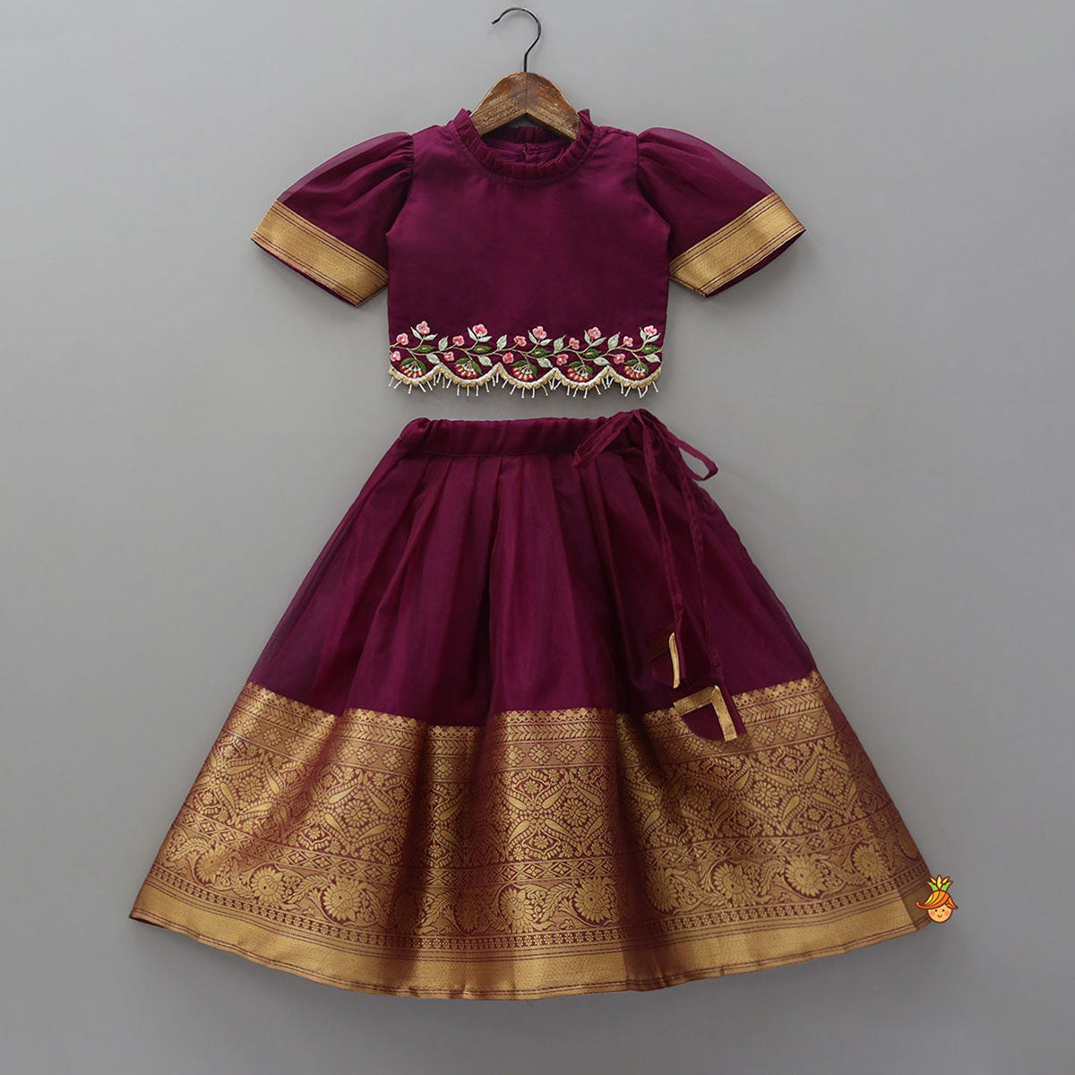 Floral-Embroidered Scalloped Hem Top And Pleated Lehenga