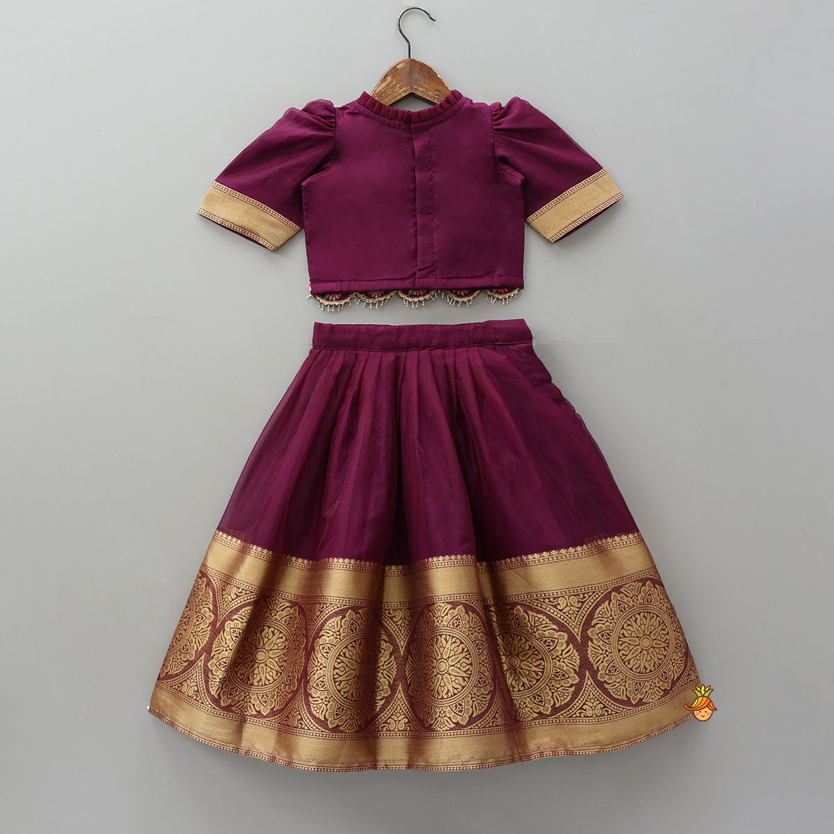 Floral-Embroidered Scalloped Hem Top And Pleated Lehenga