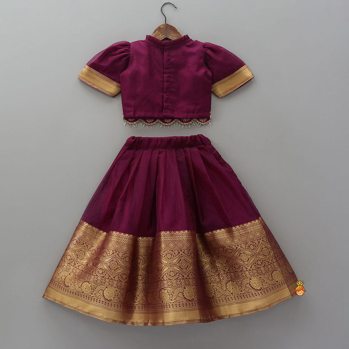 Floral-Embroidered Scalloped Hem Top And Pleated Lehenga
