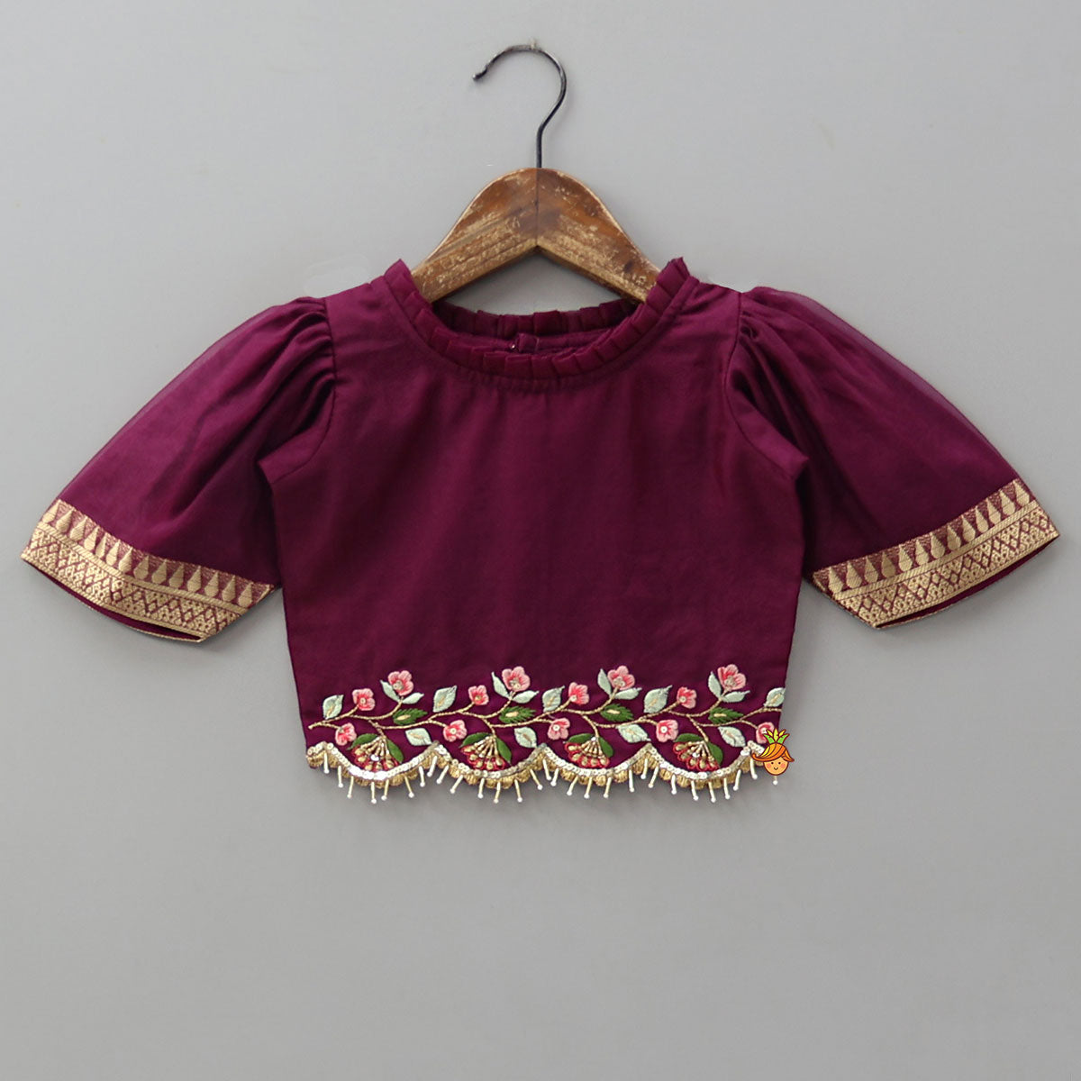 Floral Embroidered Scalloped Hem Top With Pleated Lehenga