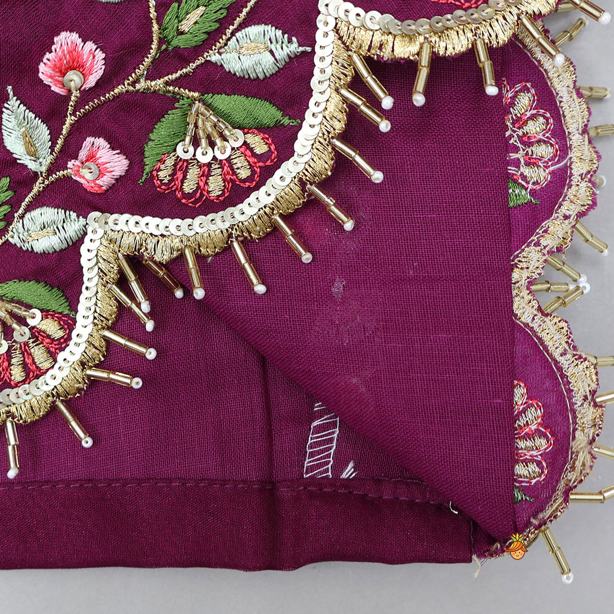 Floral-Embroidered Scalloped Hem Top And Pleated Lehenga
