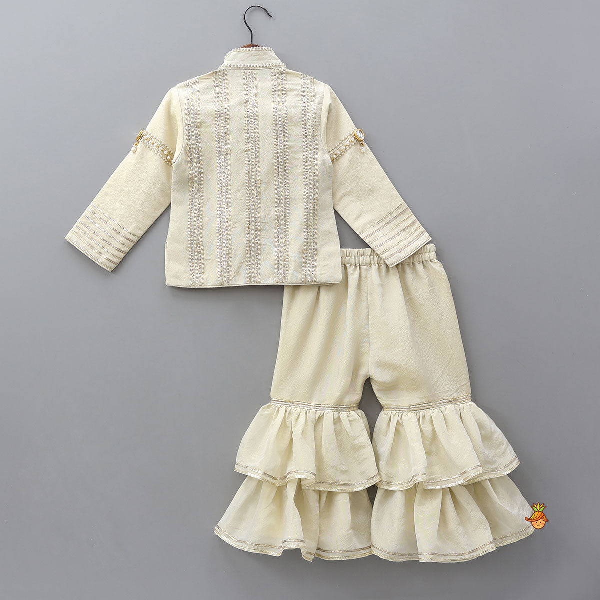 Shimmery Front Open Embroidered Top And Layered Sharara With Contrasting Dupatta