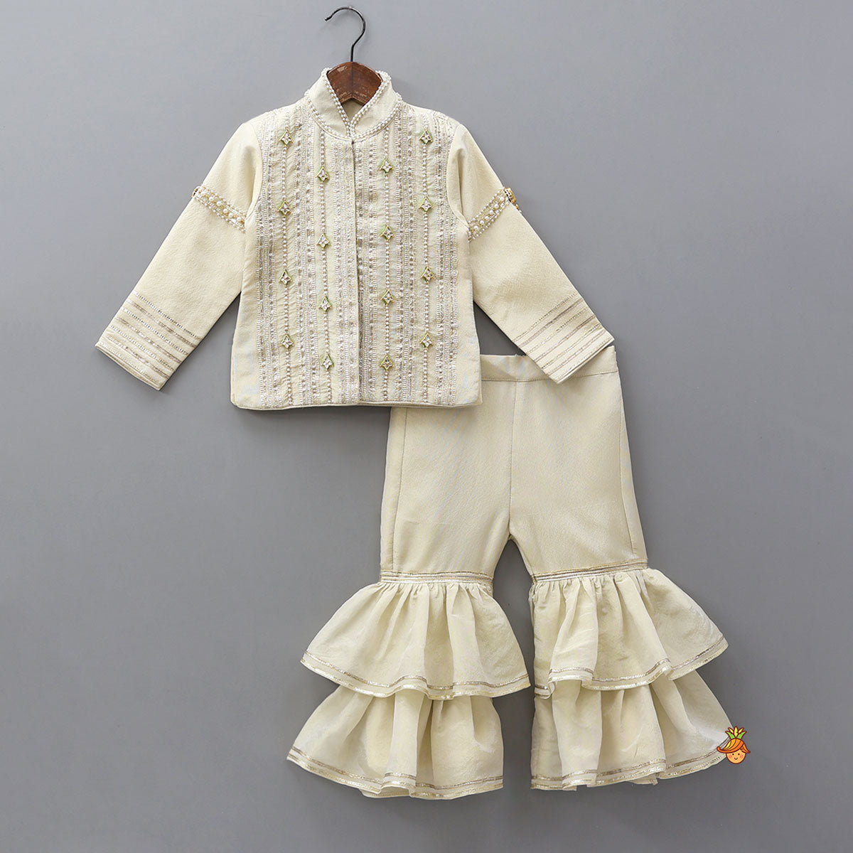 Shimmery Front Open Embroidered Top And Layered Sharara With Contrasting Dupatta