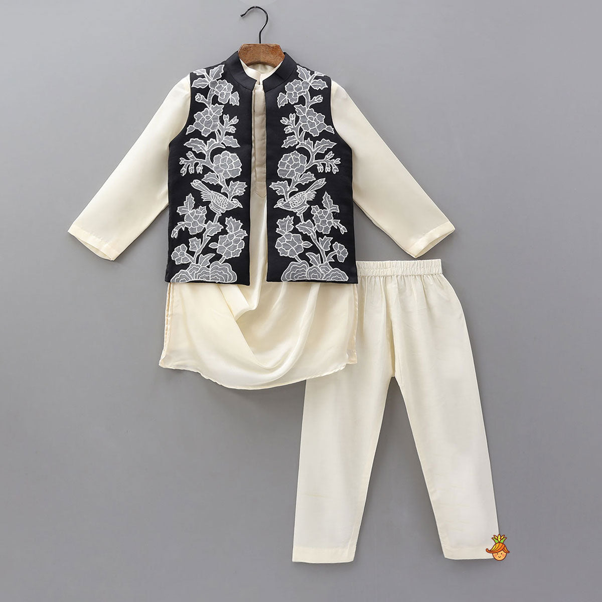 Cowl Kurta With Applique Work Jacket And Pyjama