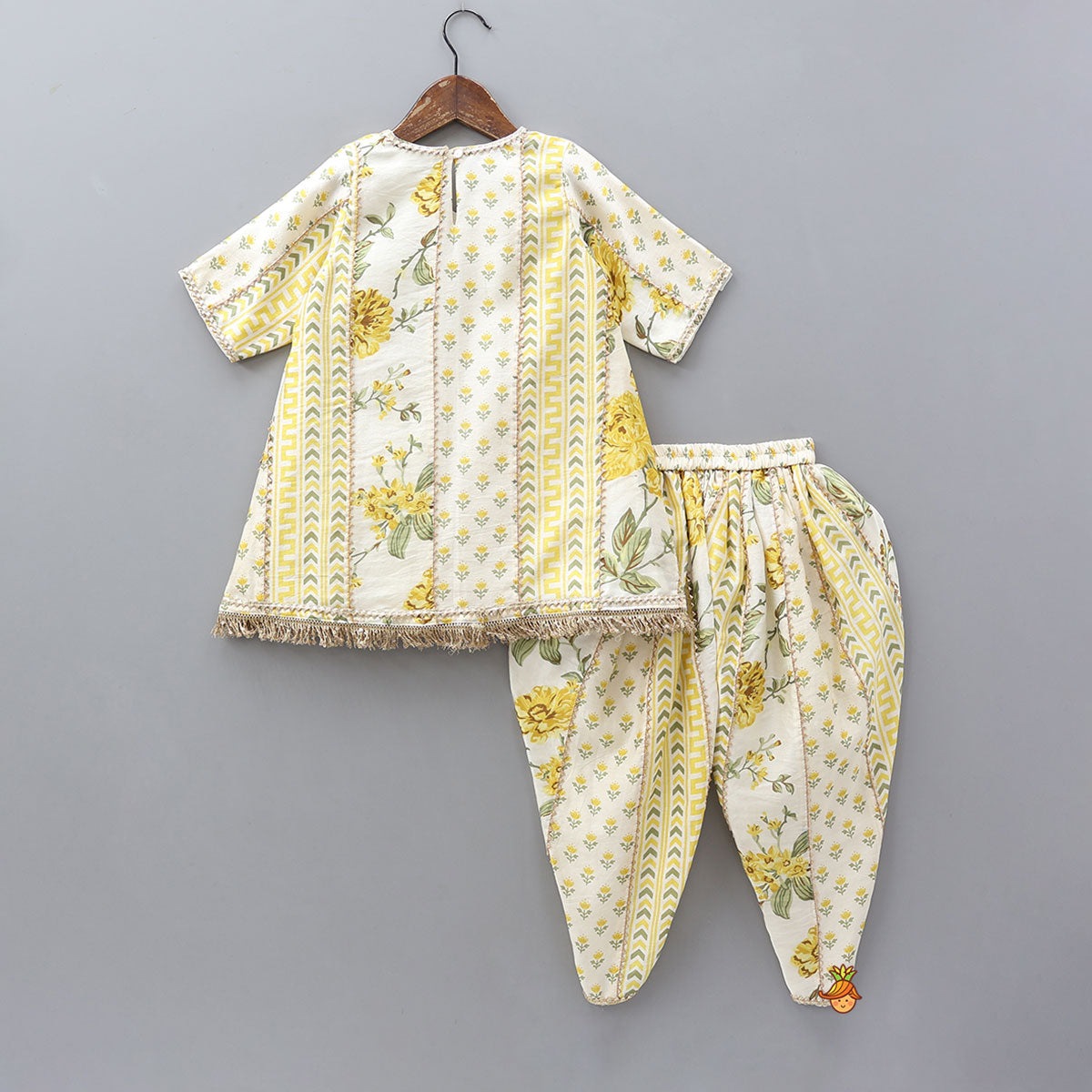 Printed Flared Kurti And Matching Dhoti With Net Dupatta