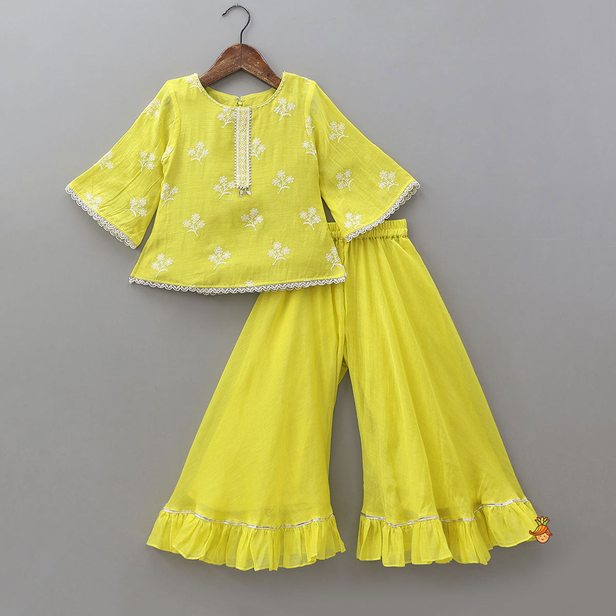 Thread Floral Embroidered Top And Ruffle Hem Palazzo