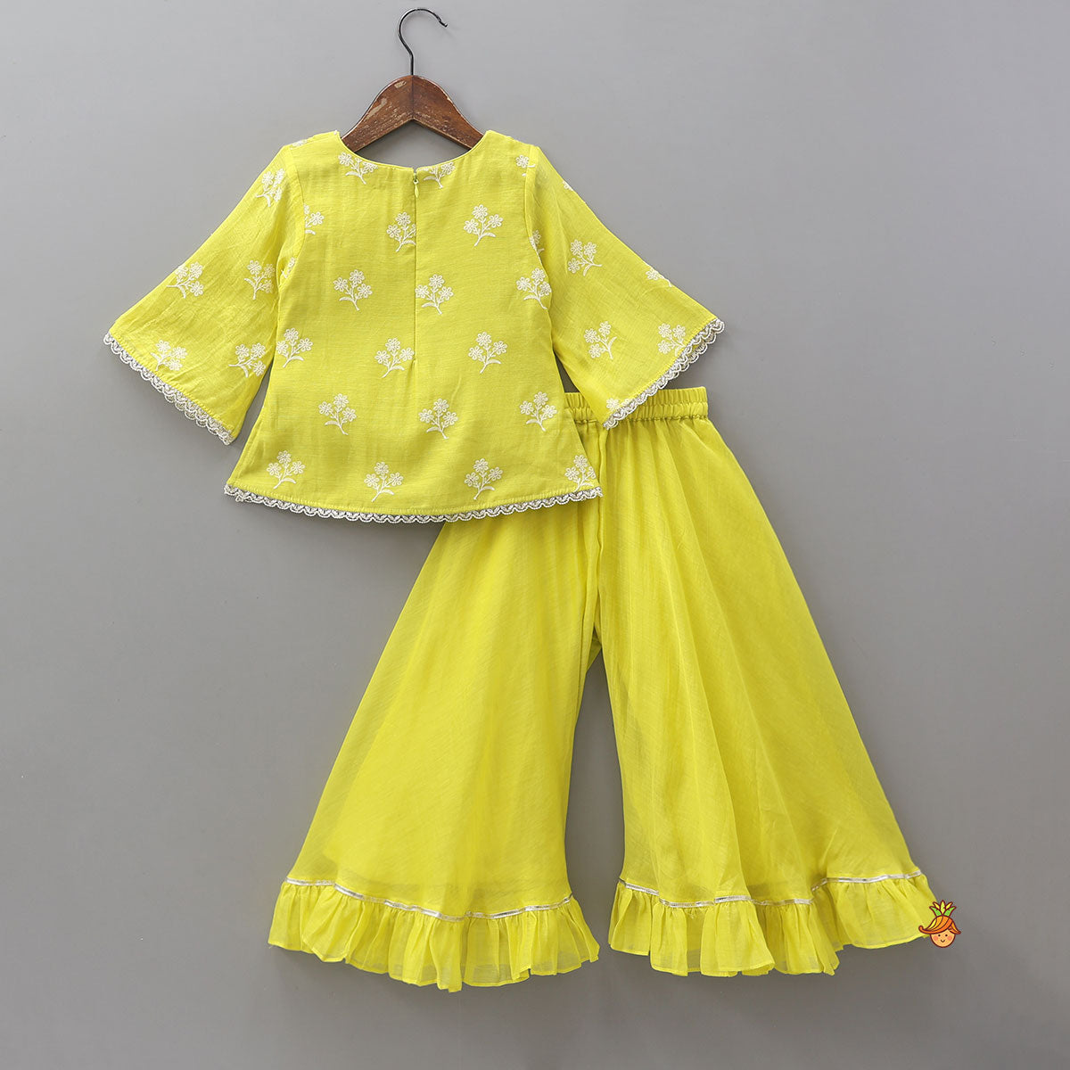 Thread Floral Embroidered Top And Ruffle Hem Palazzo