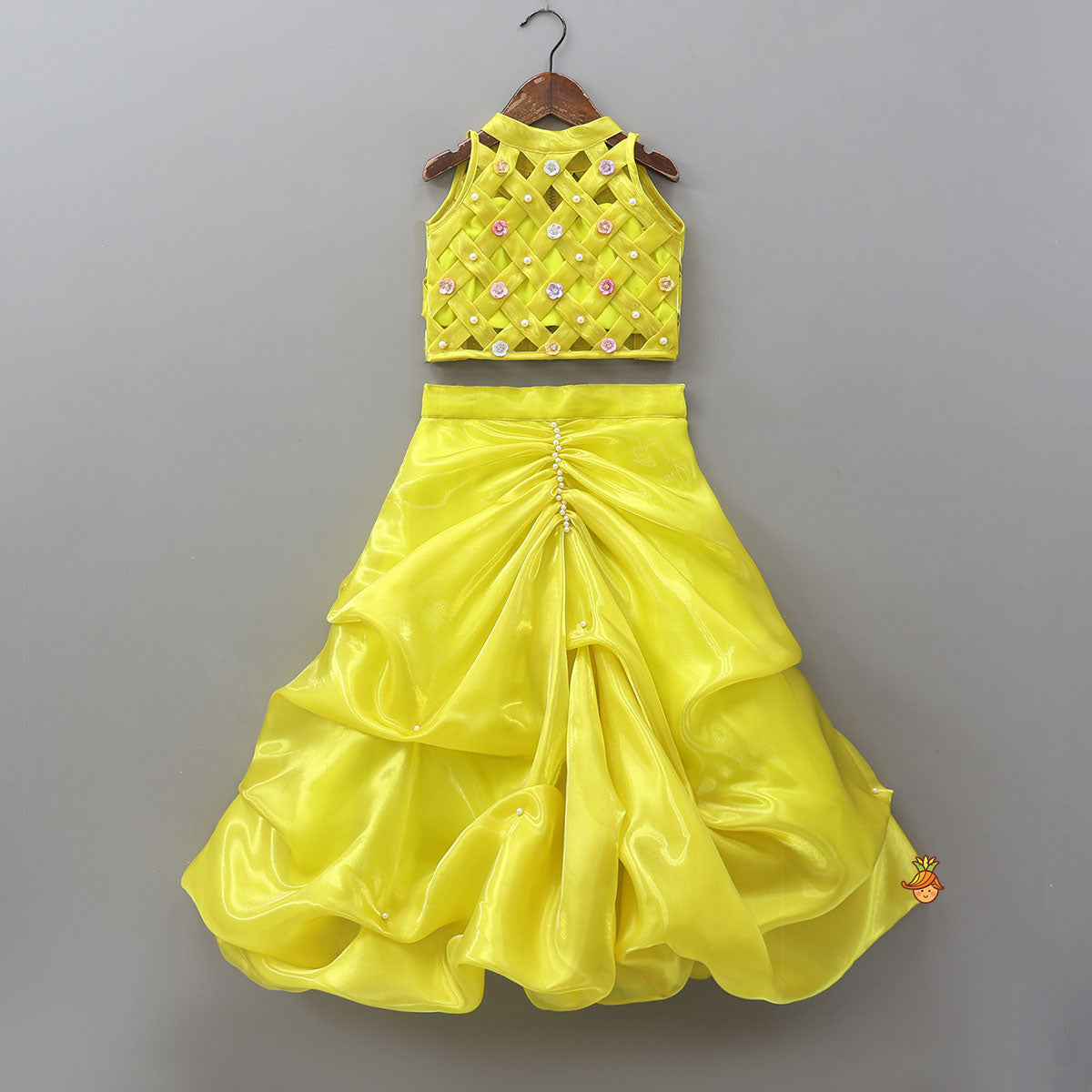 Checks Detailed Sheen Top And Stylish Gathered Lehenga