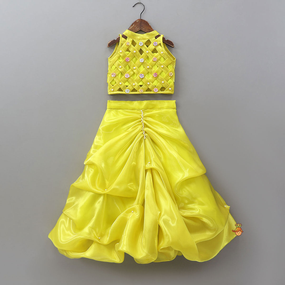 Checks Detailed Sheen Top And Stylish Gathered Lehenga