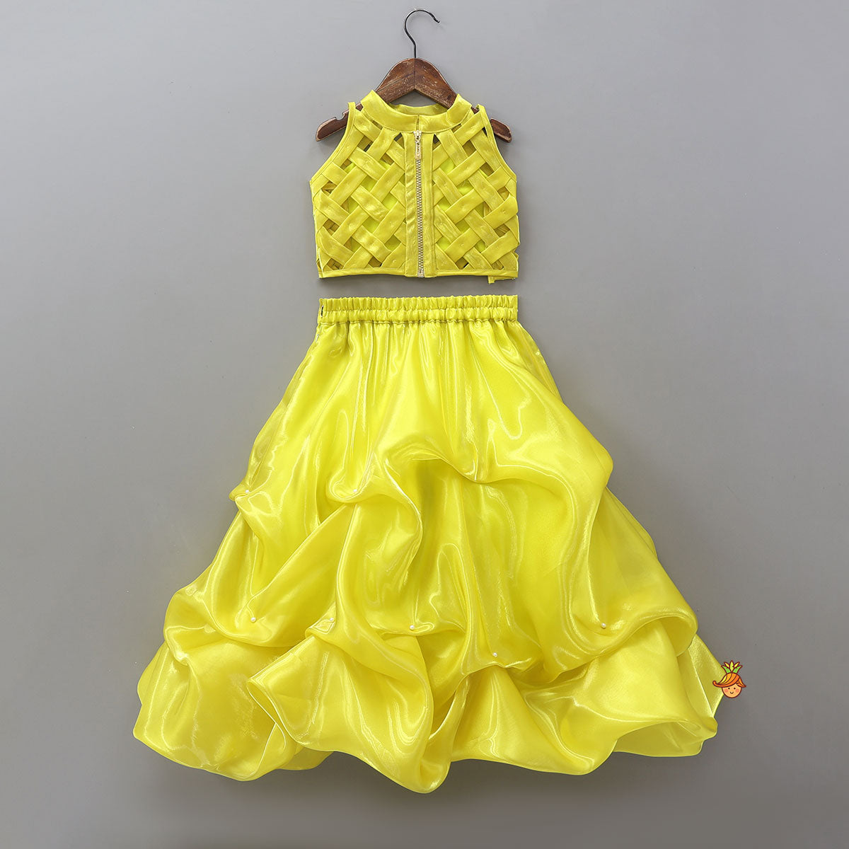 Checks Detailed Sheen Top And Stylish Gathered Lehenga