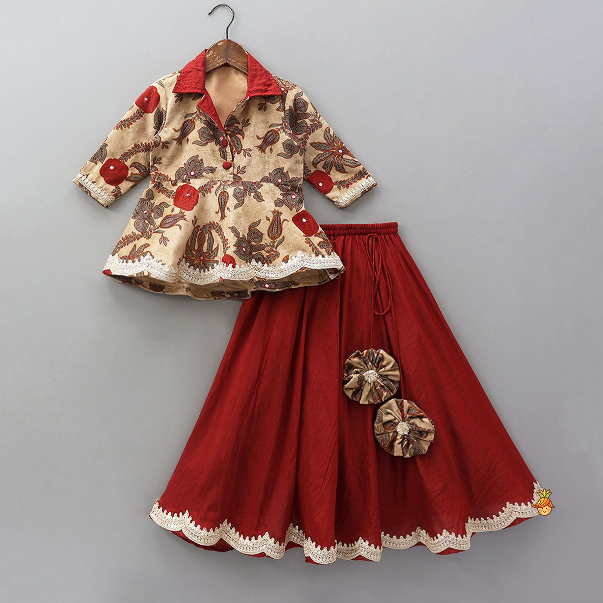 Notch Collar Velvet Top And Lehenga