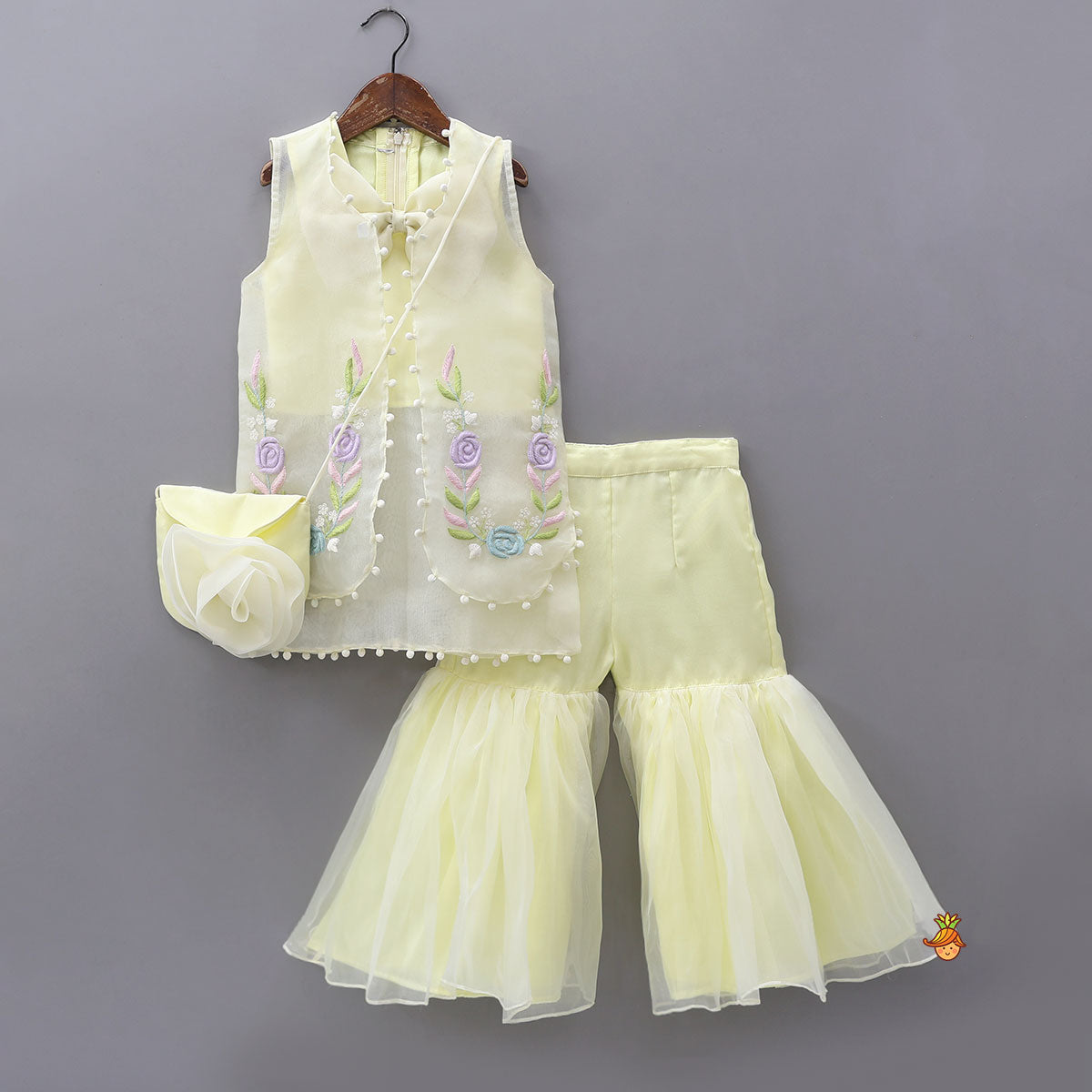 Bow Adorned Inner Top With Hand Embroidered Jacket And Sharara With Floral Sling Bag