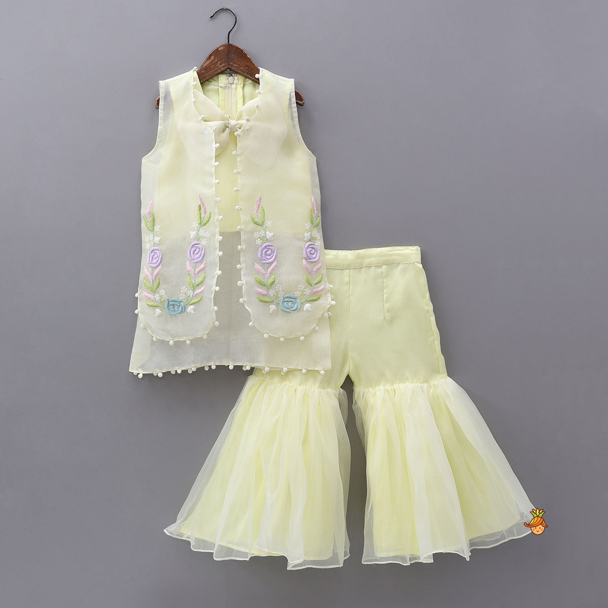 Bow Adorned Inner Top With Hand Embroidered Jacket And Sharara With Floral Sling Bag