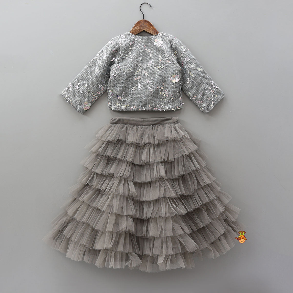 Beautiful Top With Open Jacket And Layered Net Lehenga