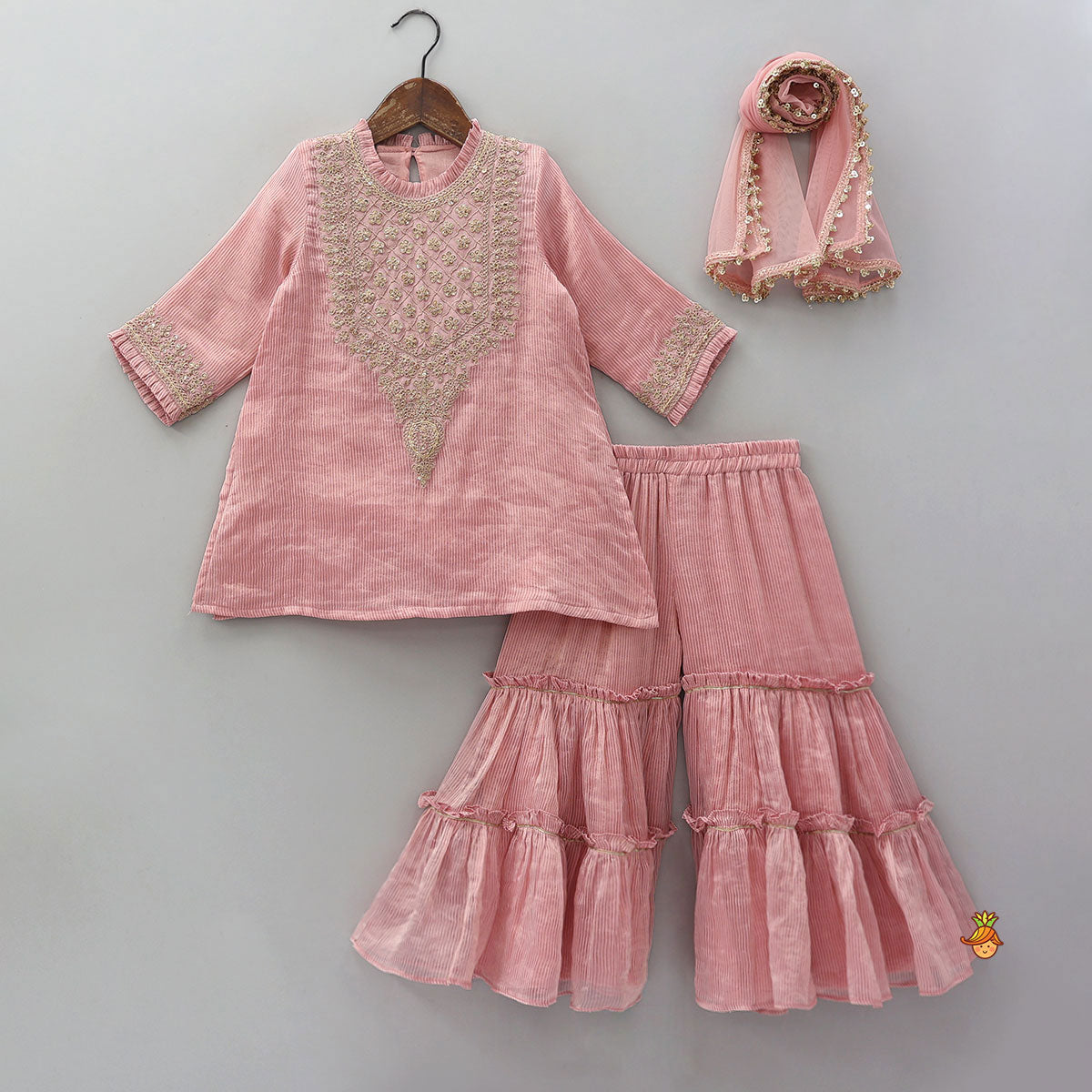 Shimmery Striped Kurti And Sharara With Matching Net Dupatta