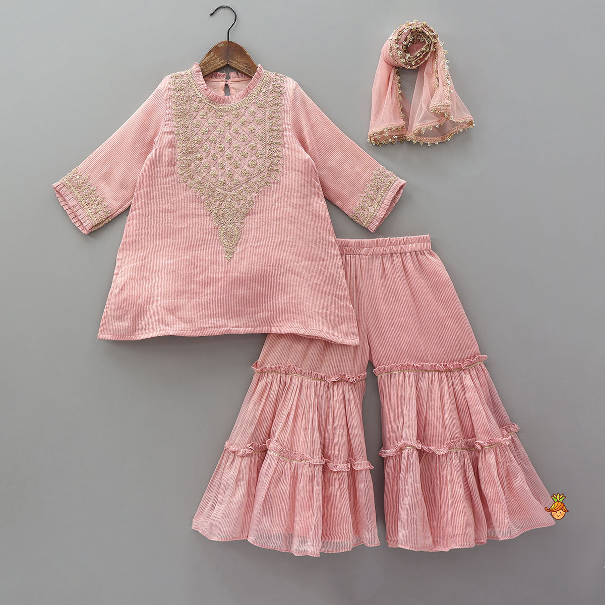 Shimmery Striped Kurti And Sharara With Matching Net Dupatta