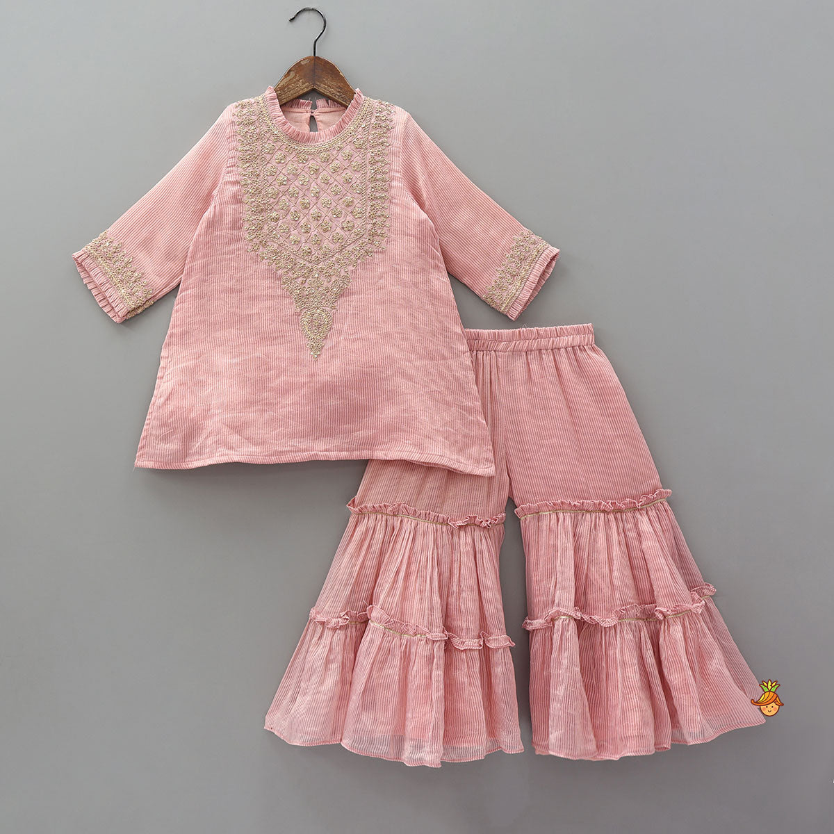 Shimmery Striped Kurti And Sharara With Matching Net Dupatta