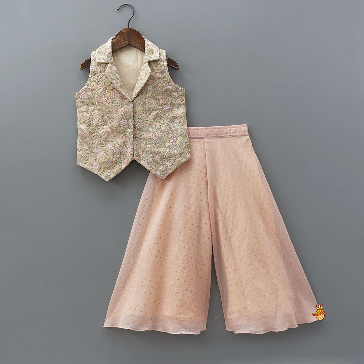 Embroidered Notch Collar Top And Flared Palazzo