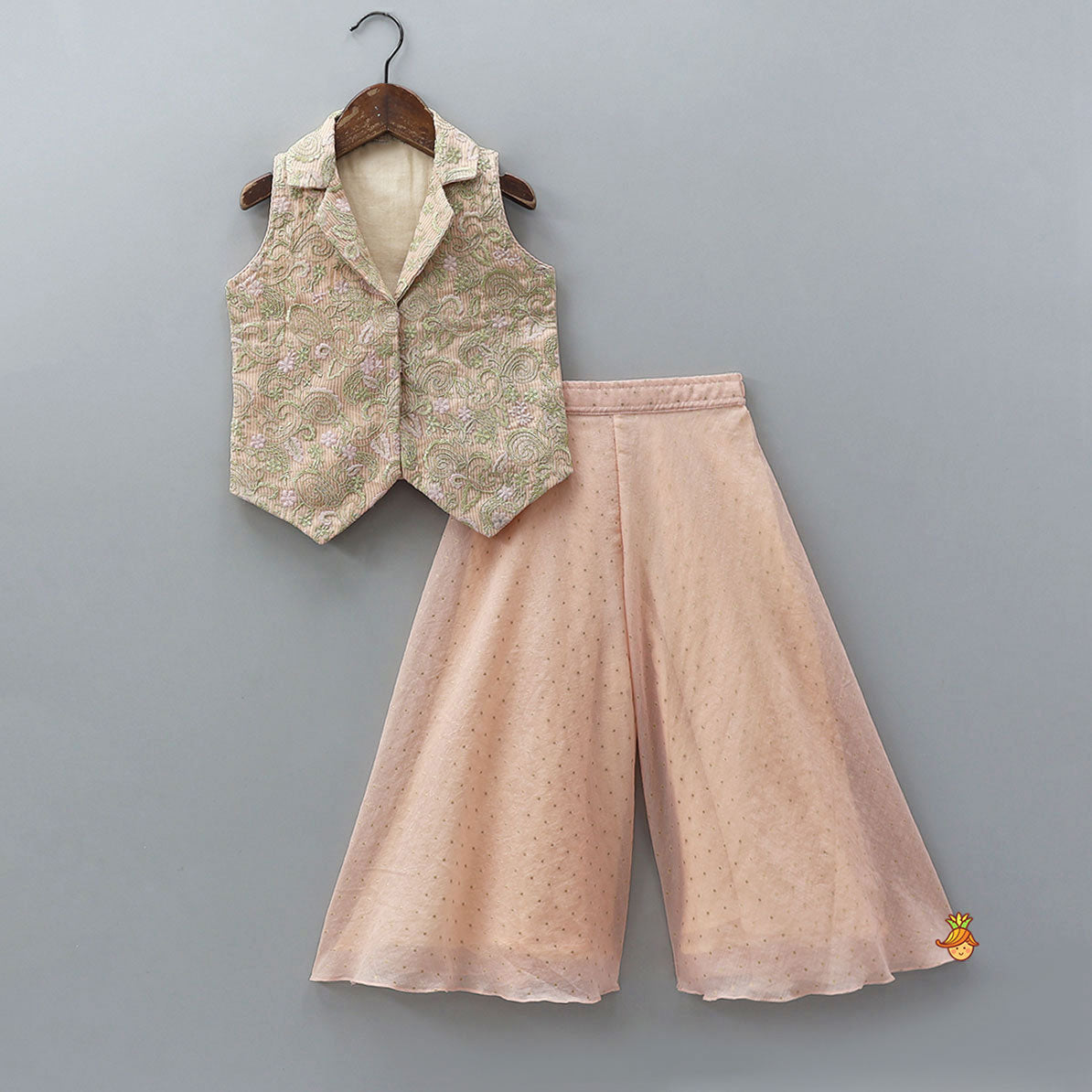 Embroidered Notch Collar Top And Flared Palazzo