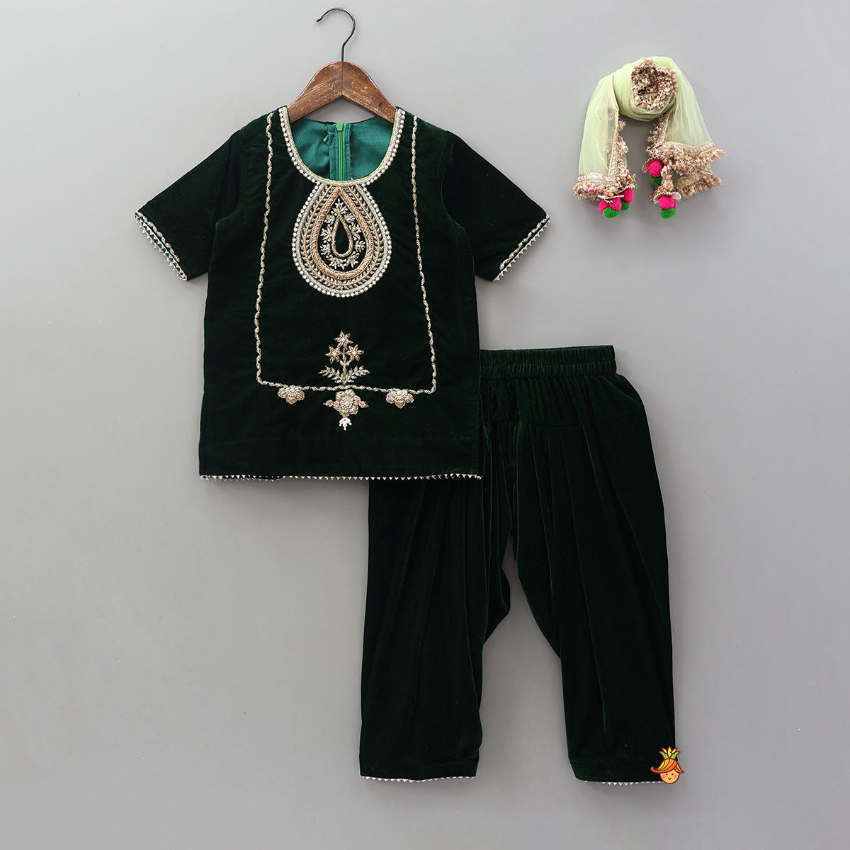 Hand Embroidered Adorable Kurti And Salwar With Contrasting Dupatta