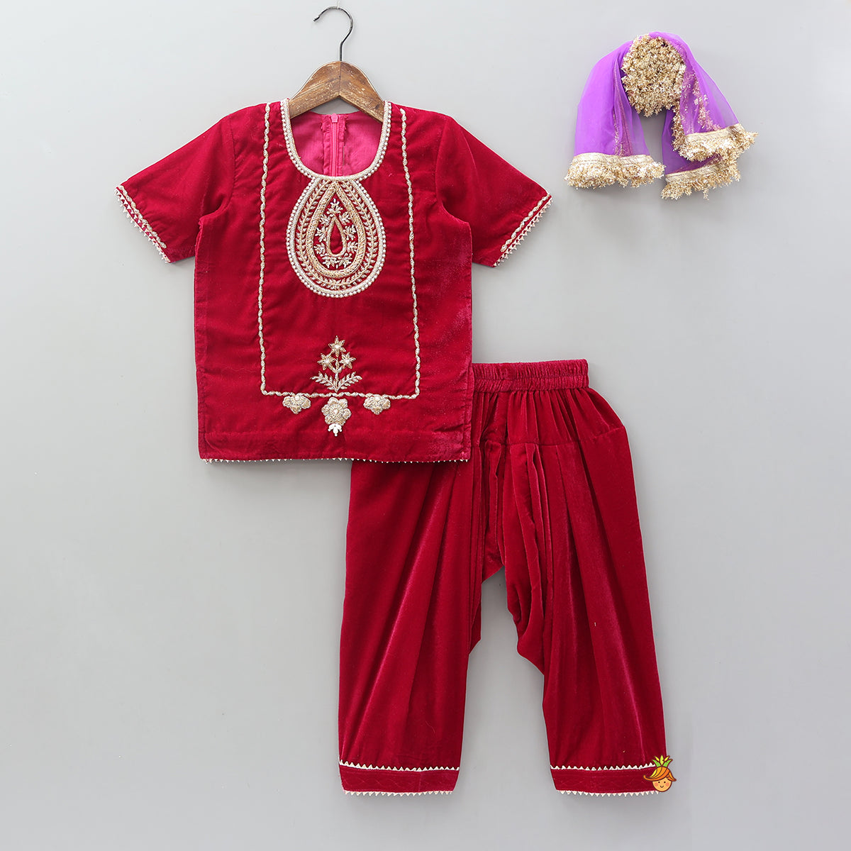 Hand Embroidered Kurti And Salwar With Contrasting Dupatta