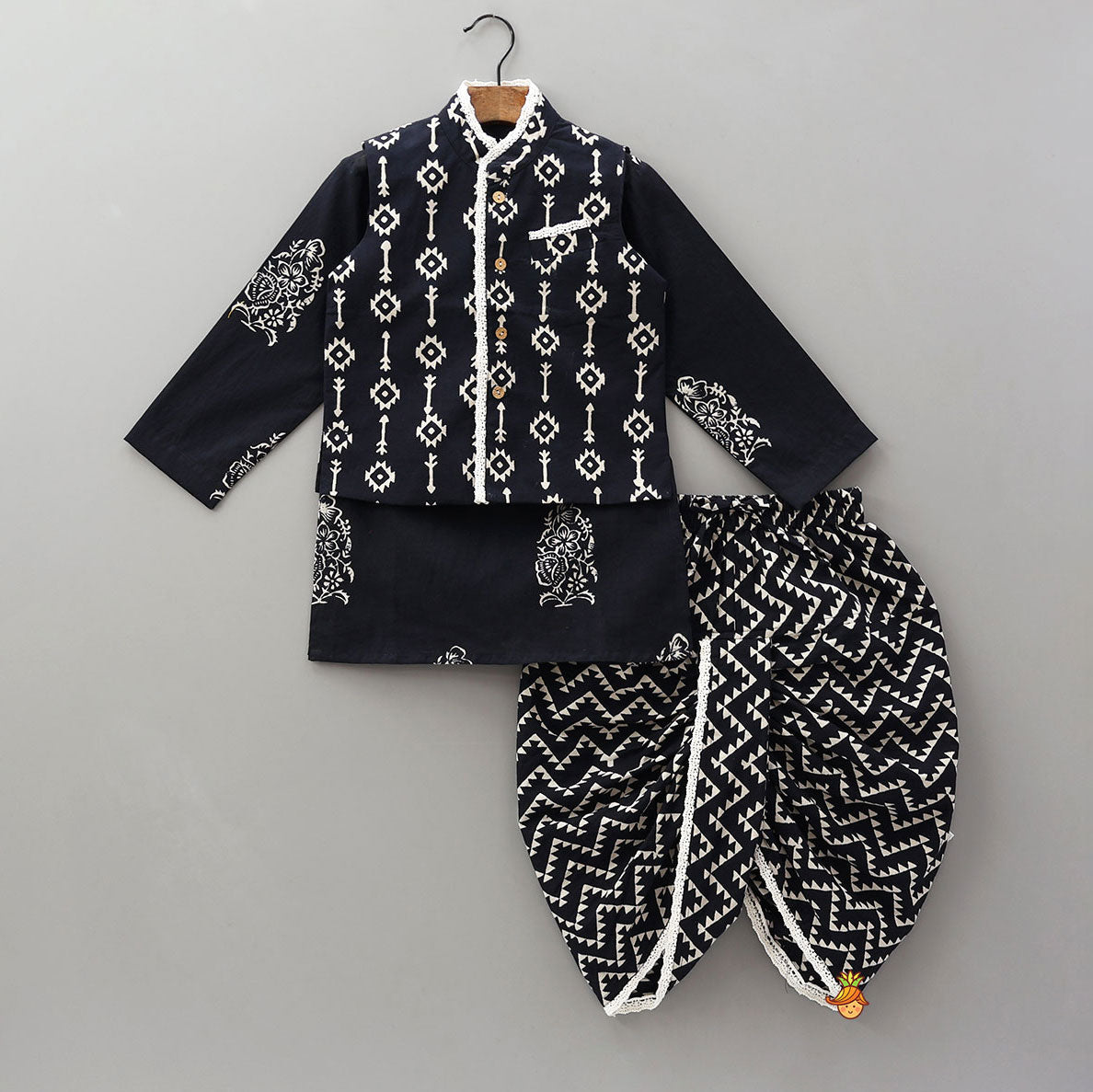 Ethnic Kurta With Front Pocket Jacket And Dhoti